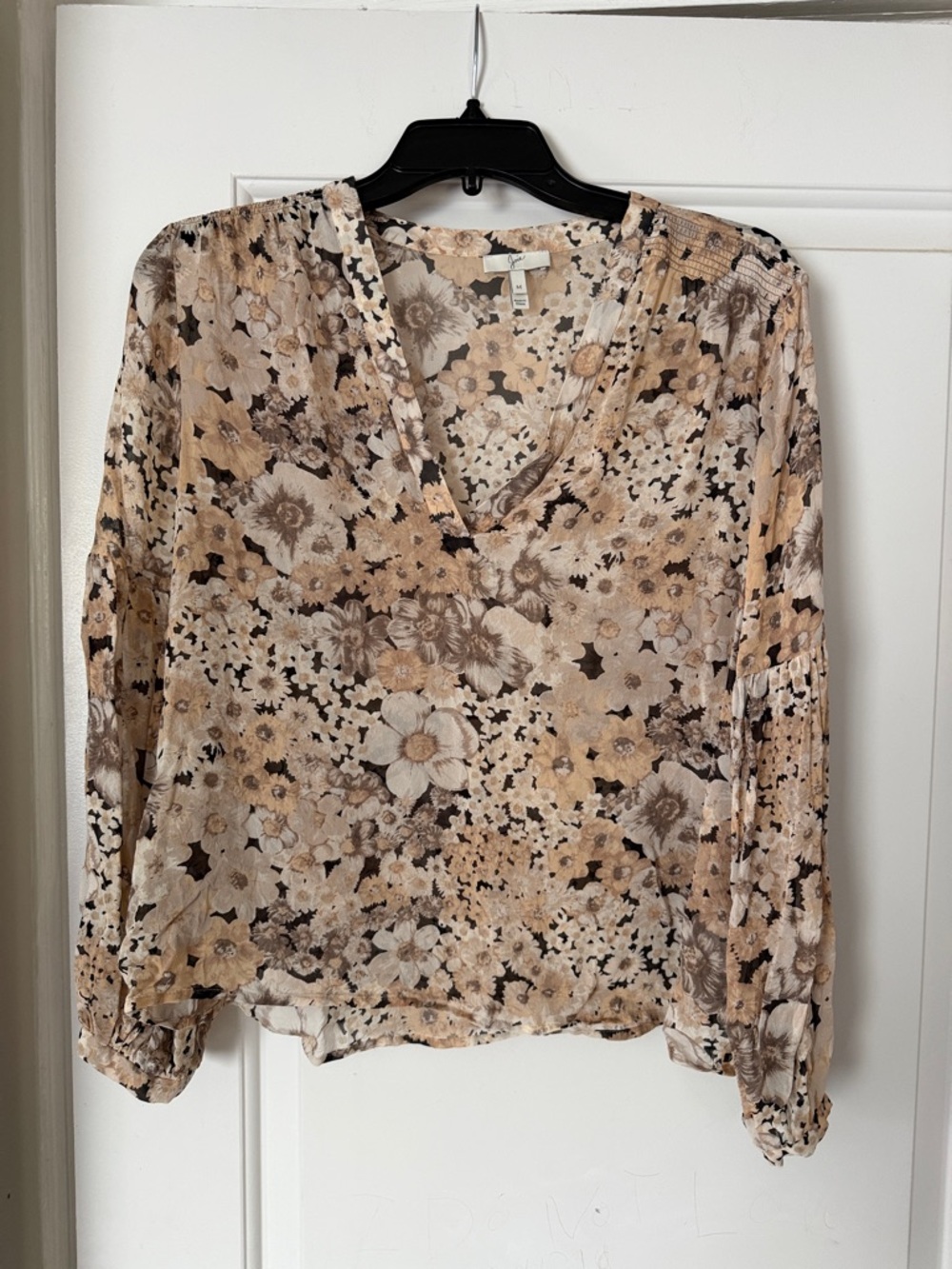 Joie Floral V-Neck Long Sleeve Blouse in Beige and Cream